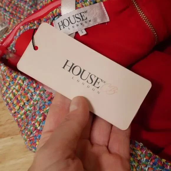 House of CB Gabrielle Tweed Multicolor Midi Dress Bodycon Small Strapless NWT - Picture 6 of 9